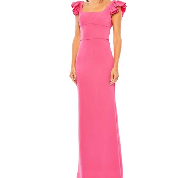 NWT Mac Duggal RUFFLE CAP‎ SLEEVE OPEN BACK COLUMN GOWN SZ 16 27109 FUSCH… - Picture 1 of 9
